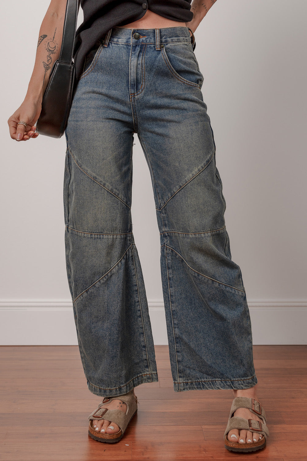 Sail blue high waist barrel jeans with exposed stitching, loose straight fit, made of cotton, polyester, and elastane by Dear-Lover.