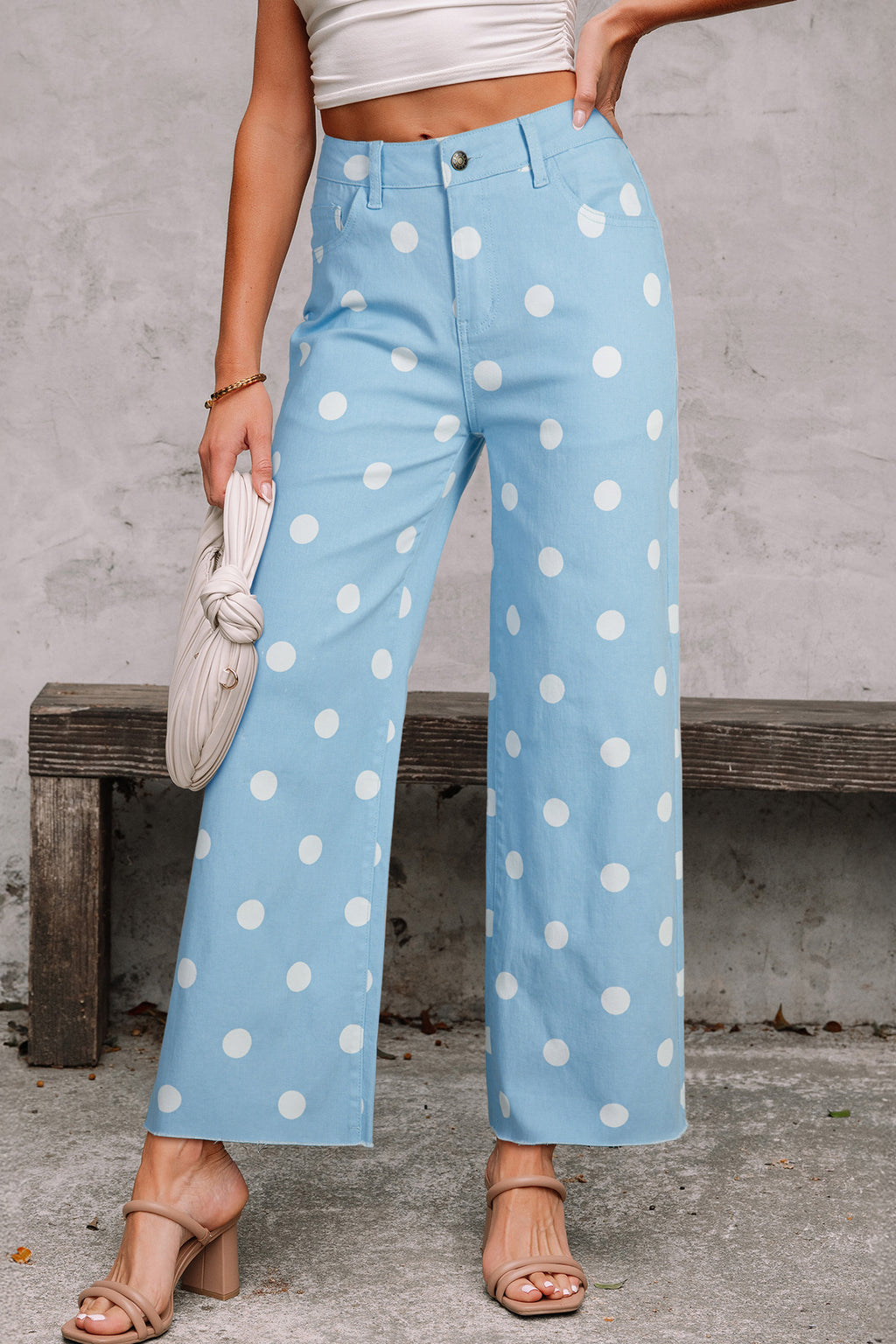 Sky blue polka dot print raw hem shift jeans by Dear-Lover, casual denim bottoms with cotton and elastane blend.