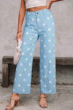 Sky blue polka dot print raw hem shift jeans by Dear-Lover, casual denim bottoms with cotton and elastane blend.