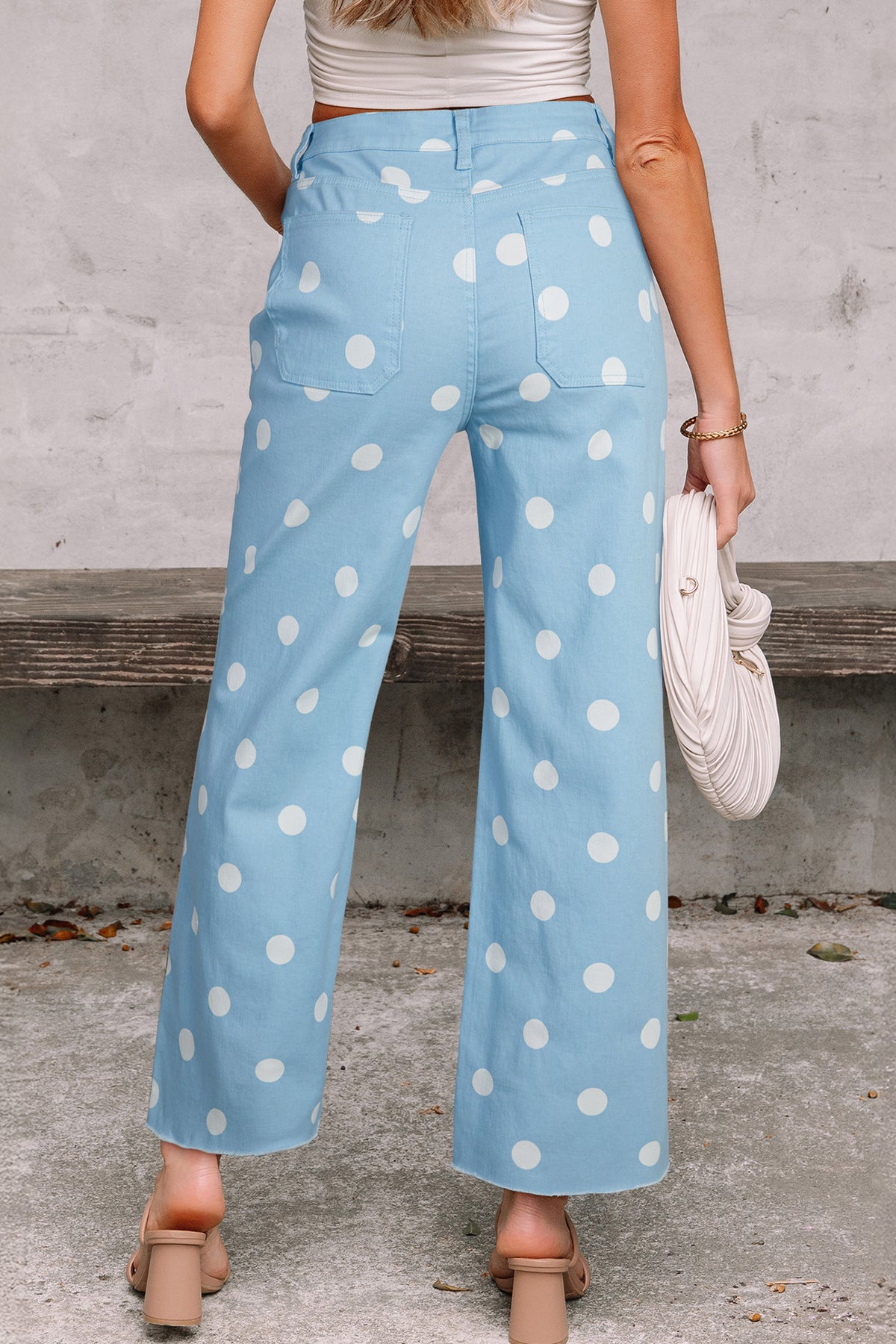 Sky blue polka dot print raw hem shift jeans by Dear-Lover, casual denim bottoms with cotton and elastane for a relaxed fit.