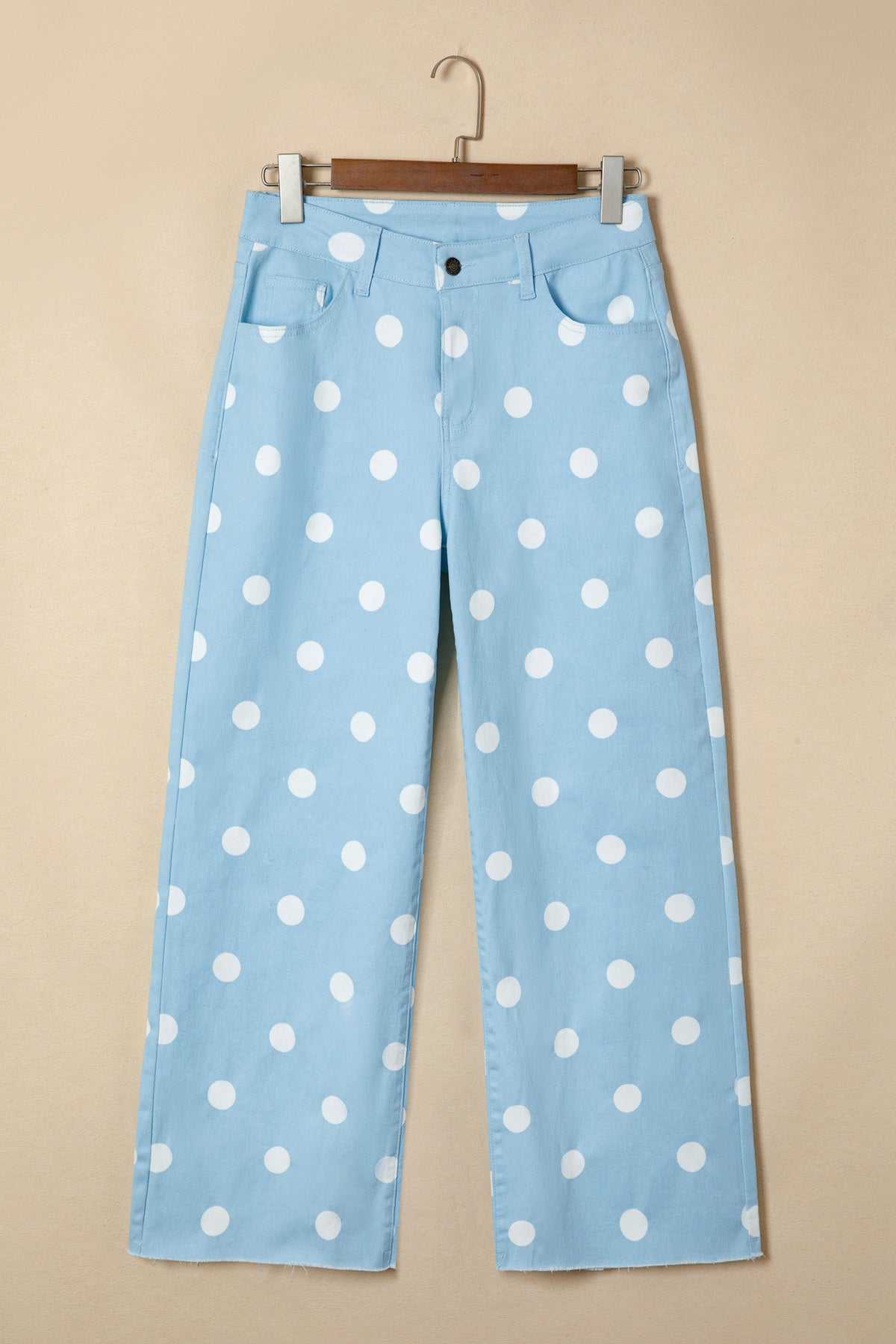 Sky blue polka dot print raw hem shift jeans by Dear-Lover Dropshipping, featuring cotton-elastane blend and casual denim style.