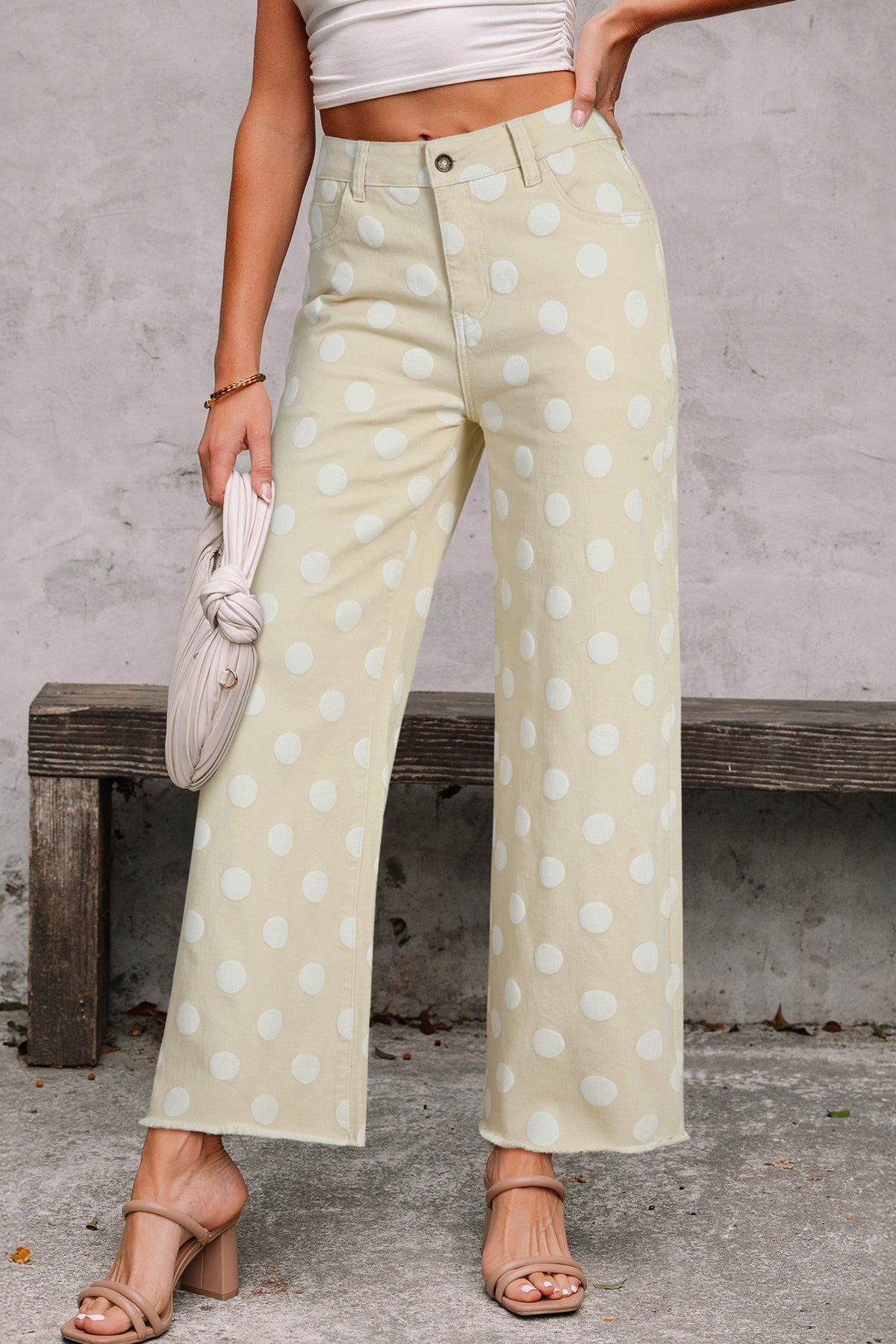 Sky blue polka dot print raw hem shift jeans by Dear-Lover, cotton and elastane blend, casual bottoms with playful pattern.