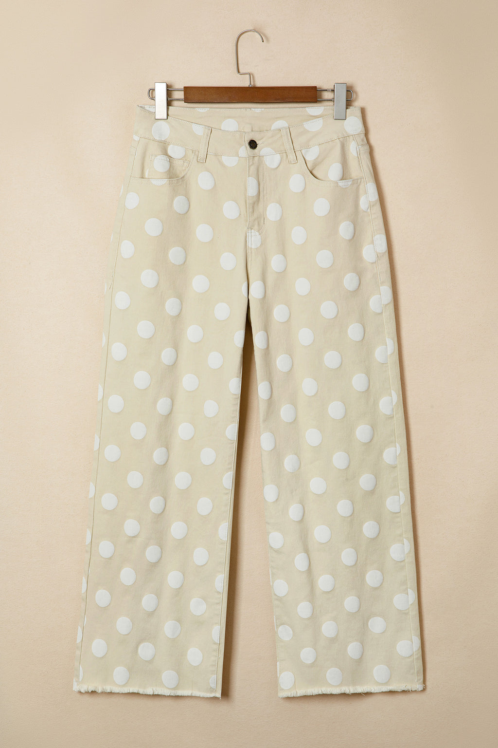 Sky blue polka dot print raw hem shift jeans by Dear-Lover, featuring a casual denim style with cotton and elastane blend.