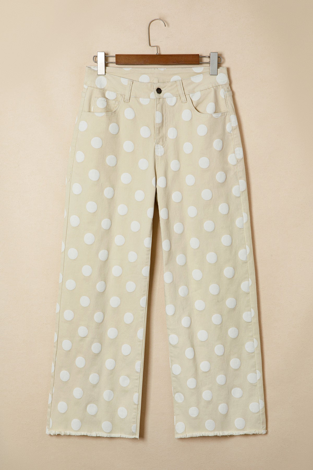 Sky blue polka dot print raw hem shift jeans by Dear-Lover, featuring a casual denim style with cotton and elastane blend.