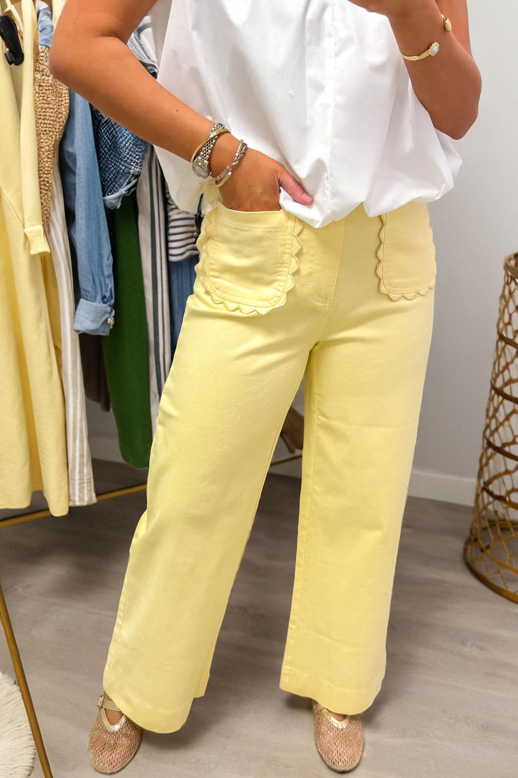 White scalloped patch pocket shift jeans by Dear-Lover, featuring a relaxed fit and cotton-elastane blend for comfortable style.