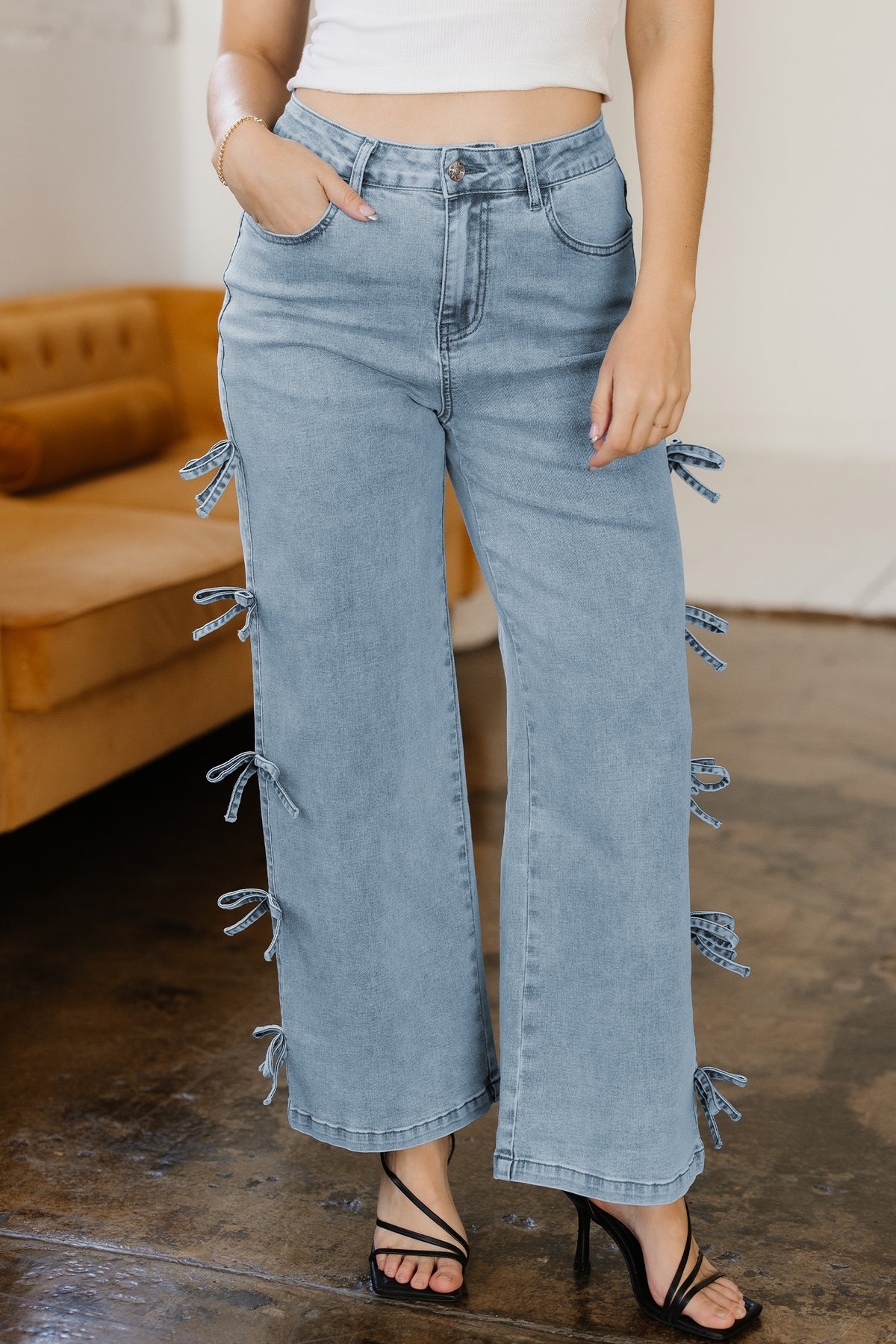 White Dear-Lover loose jeans with bow knot side detail, straight leg, cotton-elastane blend, casual bottomwear.