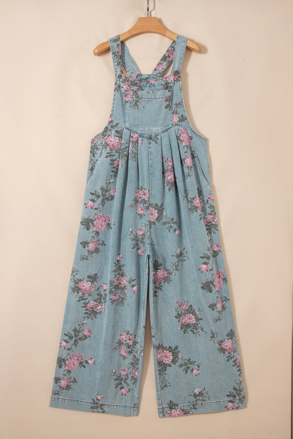 Beau Blue floral print denim jumpsuit with high waist, pleated design, wide-leg style, by Dear-Lover.