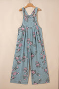 Beau Blue floral print denim jumpsuit with high waist, pleated design, wide-leg style, by Dear-Lover.