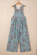 Beau Blue floral print denim jumpsuit with high waist, pleated design, wide-leg style, by Dear-Lover.