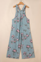 Beau Blue floral print denim jumpsuit by Dear-Lover with high waist, pleated design, wide-leg, and sleeveless style.