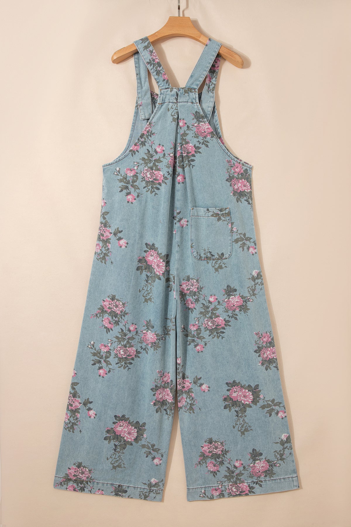 Beau Blue floral print denim jumpsuit by Dear-Lover with high waist, pleated design, wide-leg, and sleeveless style.