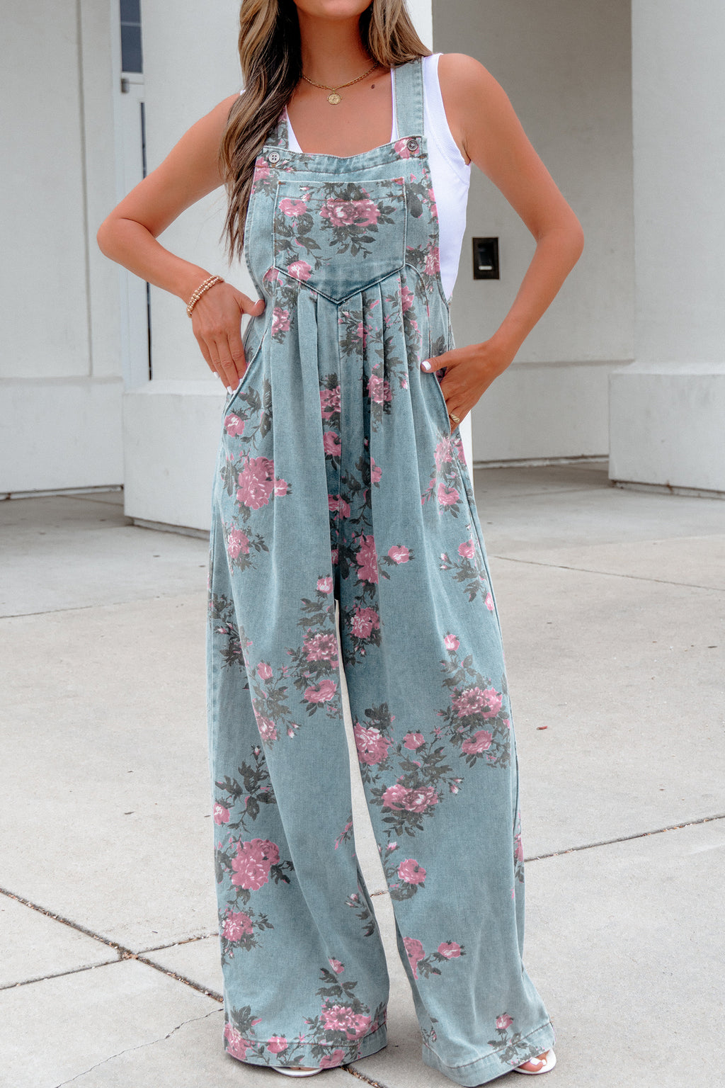 Beau blue floral print denim jumpsuit with high waist, pleated design, wide-leg pants, from Dear-Lover Dropshipping.