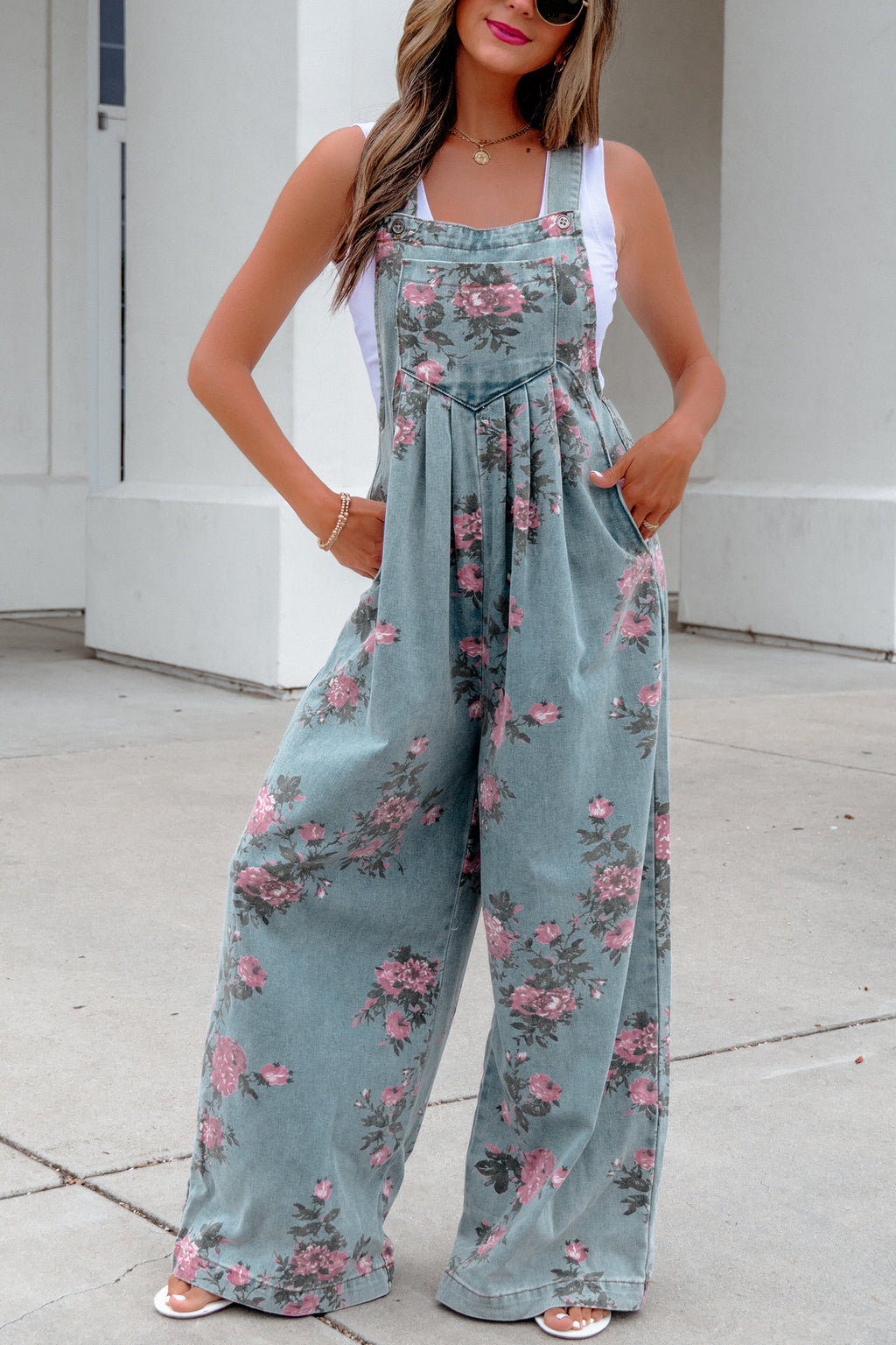 Beau Blue floral print denim jumpsuit with high waist, pleated design, wide-leg pants, from Dear-Lover Dropshipping.