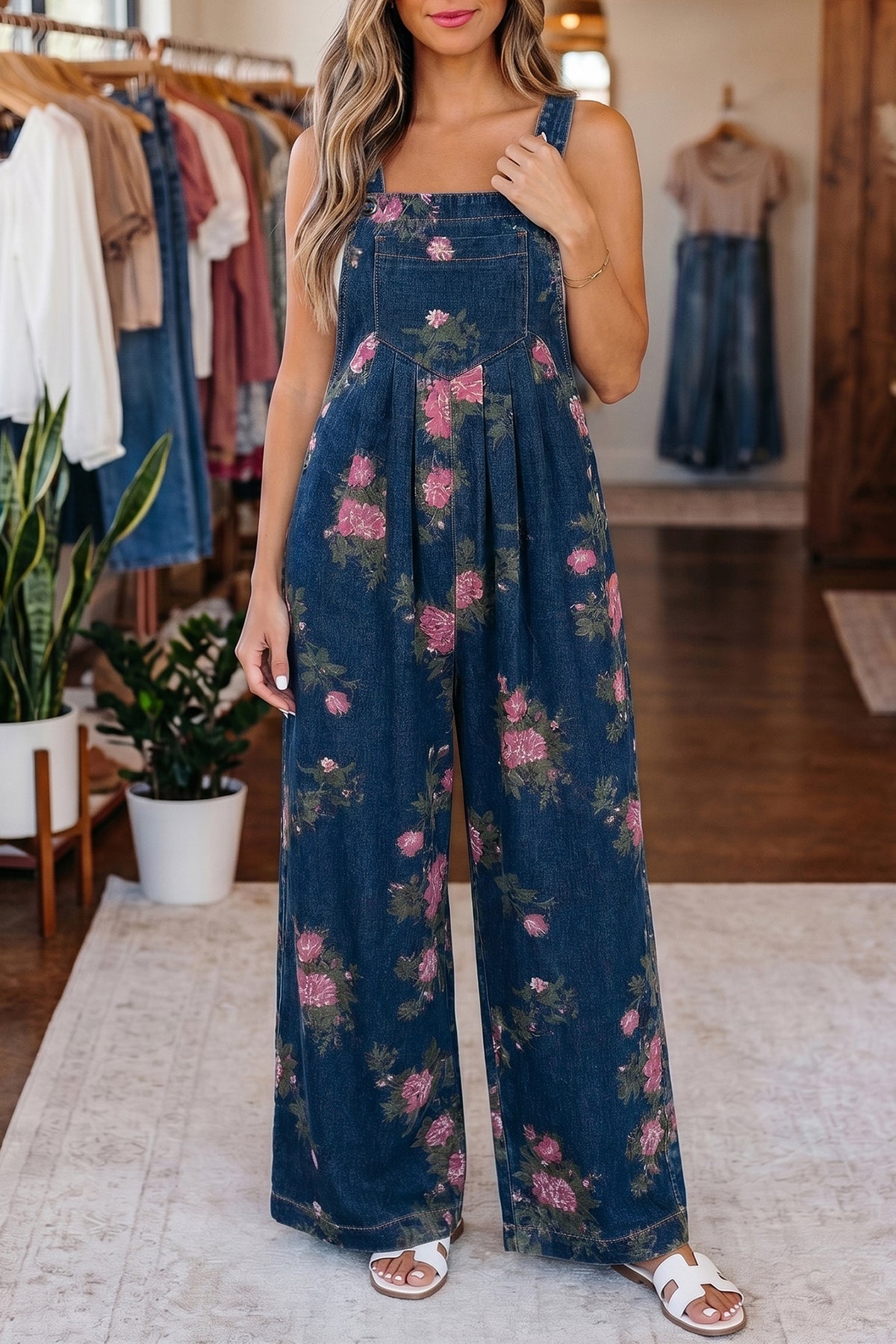 Blue floral print denim jumpsuit with high waist, pleated design, wide-leg style, from Dear-Lover Dropshipping.