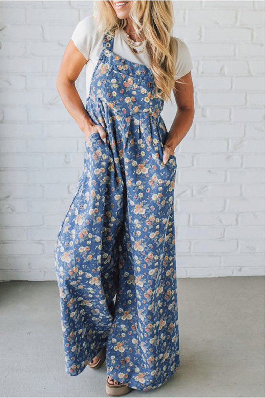 Blue vintage rose printed denim jumpsuit with pleated, loose fit, from Dear-Lover, featuring a stylish overall design.