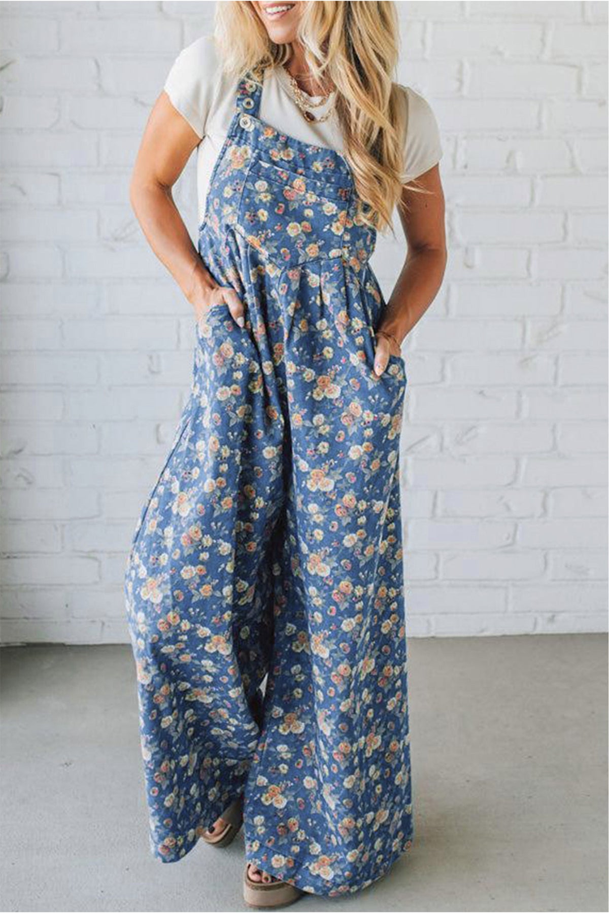 Blue vintage rose printed denim jumpsuit with pleated, loose fit, from Dear-Lover, featuring a stylish overall design.