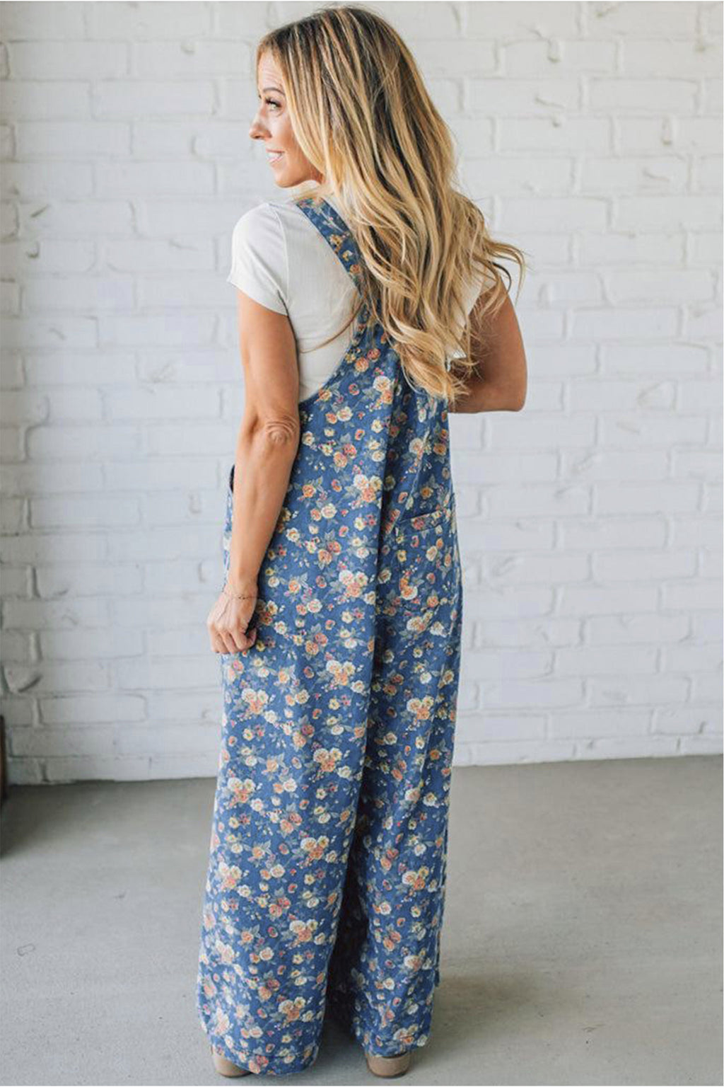 Blue vintage rose printed denim jumpsuit with pleated, loose fit from Dear-Lover, featuring overall style and lightweight fabric.