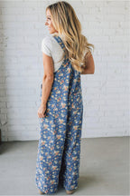 Blue vintage rose printed denim jumpsuit with pleated, loose fit from Dear-Lover, featuring overall style and lightweight fabric.