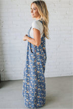 Blue vintage rose printed denim jumpsuit with pleated, loose fit, featuring overall style and casual design by Dear-Lover.