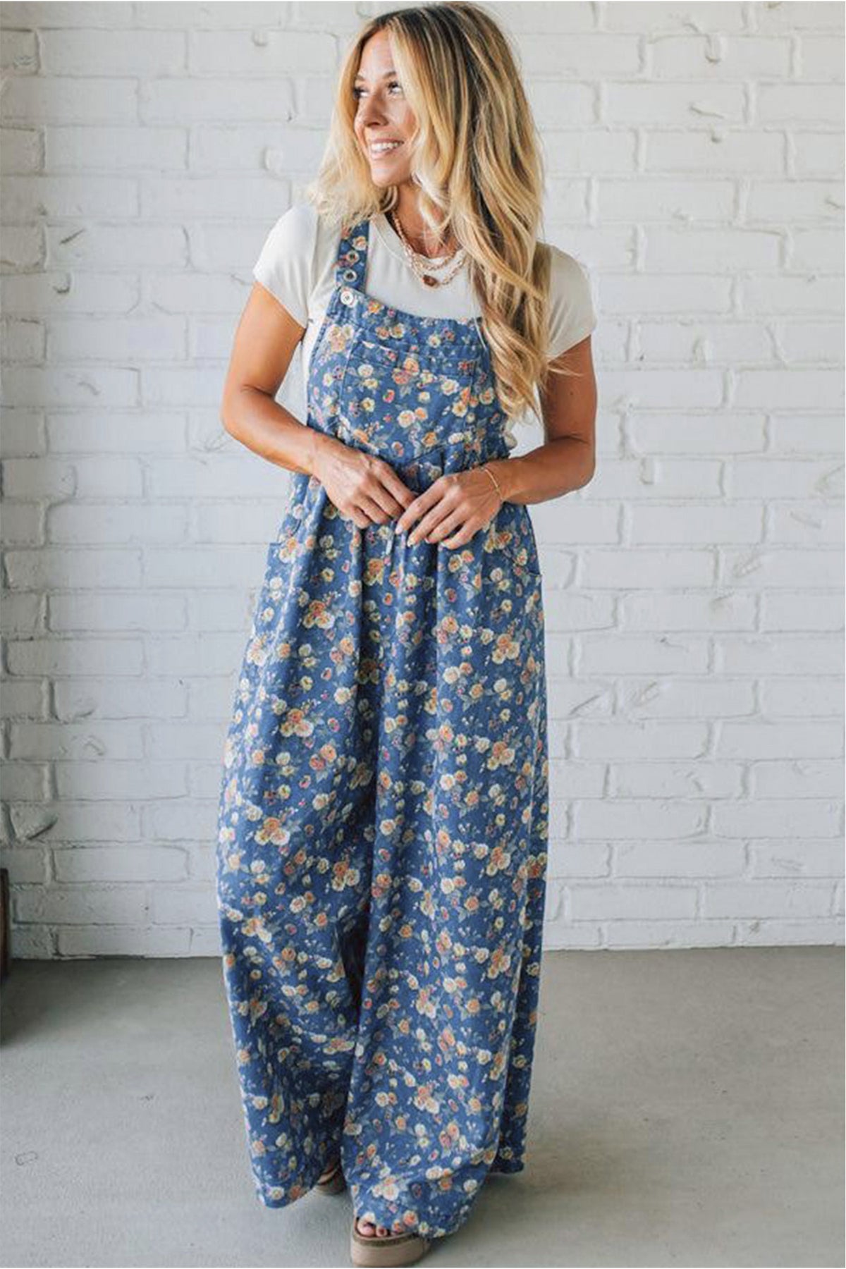 Blue vintage rose printed denim jumpsuit with pleated, loose fit, from Dear-Lover, perfect for casual wear and stylish comfort.