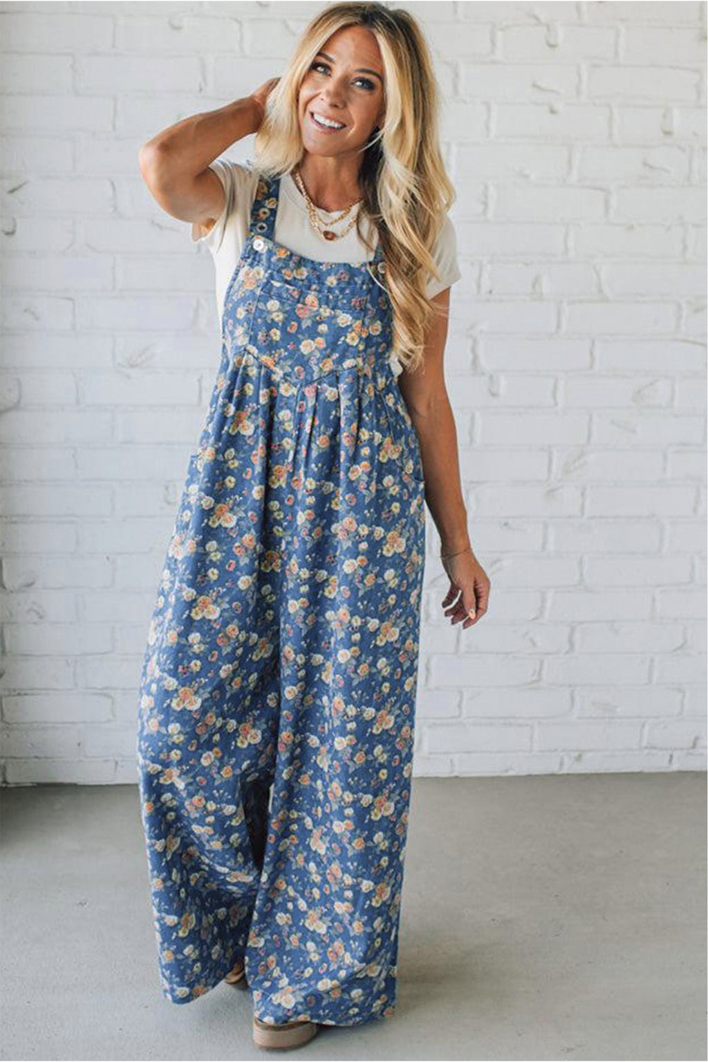 Blue vintage rose printed denim jumpsuit with pleated, loose fit, made from cotton, polyester, and viscose by Dear-Lover.