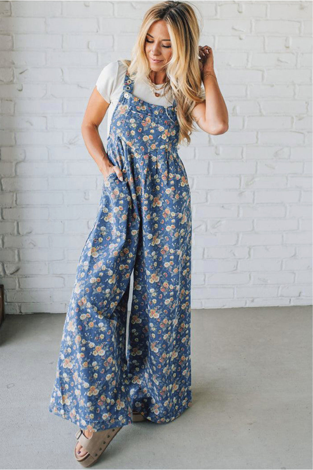 Blue vintage rose printed denim jumpsuit with pleated, loose fit, made from cotton, polyester, and viscose, by Dear-Lover.