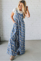 Blue vintage rose printed denim jumpsuit with pleated, loose fit, made from cotton, polyester, and viscose, by Dear-Lover.