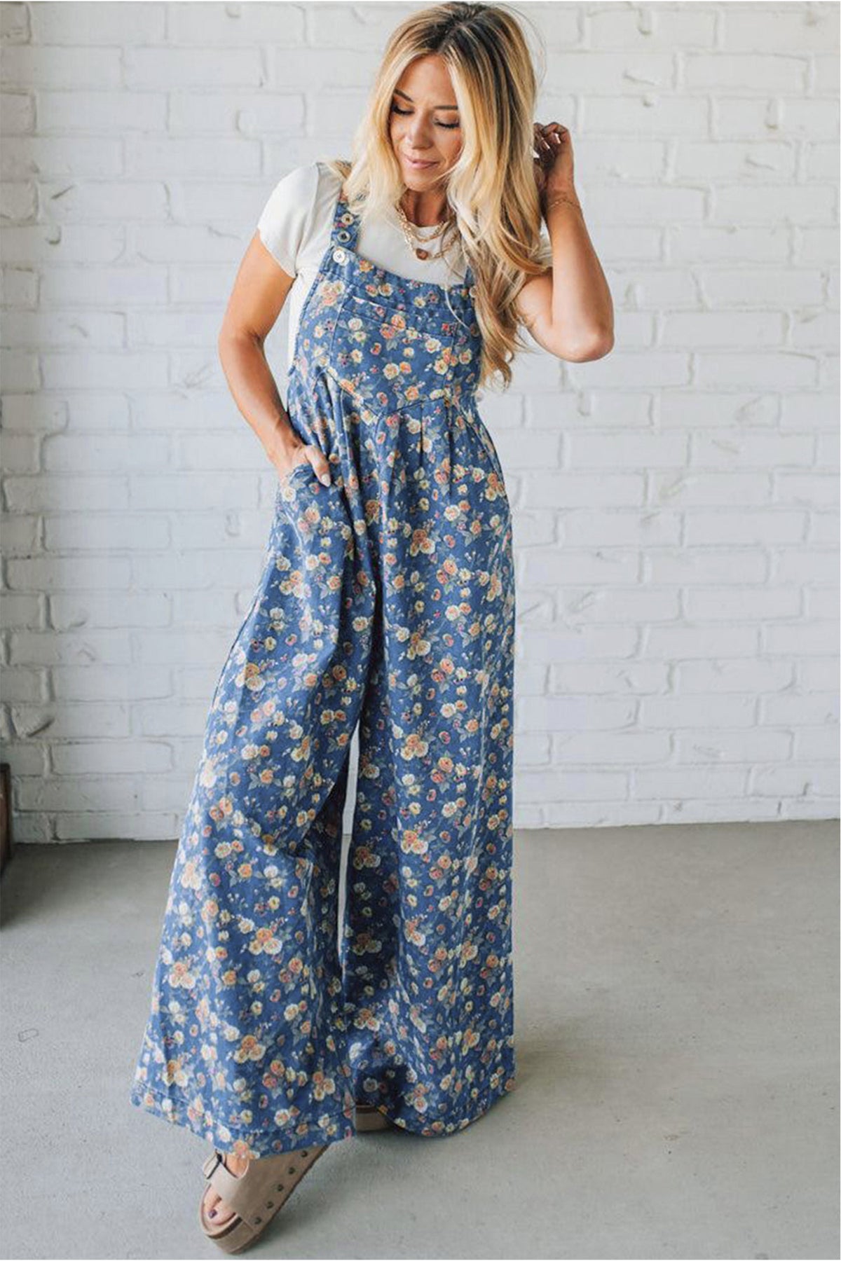 Blue vintage rose printed denim jumpsuit with pleated, loose fit, made from cotton, polyester, and viscose, by Dear-Lover.