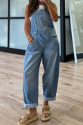Dusk blue adjustable buckle barrel denim overalls by Dear-Lover, featuring a relaxed fit and durable cotton-polyester blend.