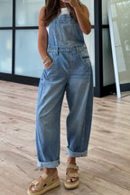 Dusk blue adjustable buckle barrel denim overalls by Dear-Lover, featuring a relaxed fit and durable cotton-polyester blend.