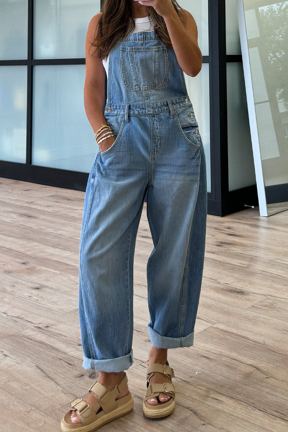 Dusk blue adjustable buckle barrel denim overalls by Dear-Lover, featuring a relaxed fit and durable cotton-polyester blend.