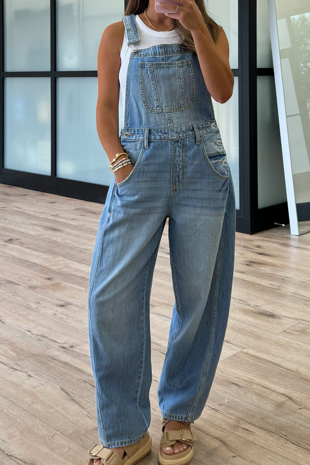 Dusk Blue adjustable buckle denim overalls by Dear-Lover, featuring barrel style, cotton-polyester blend, and elastane for stretch.