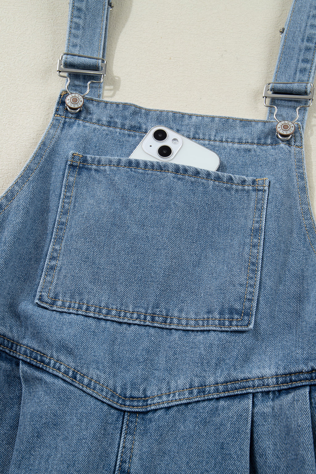 Dusk blue pleated wide-leg denim jumpsuit with retro pockets, casual style, from Dear-Lover Dropshipping.
