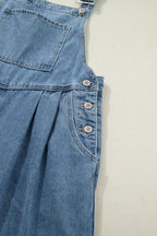 Dusk blue pleated wide-leg denim jumpsuit with retro pockets, made of cotton, polyester, and viscose, by Dear-Lover.