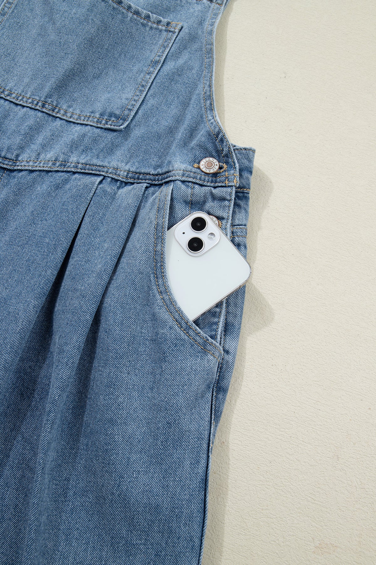 Dusk blue pleated wide-leg denim jumpsuit with retro pockets, by Dear-Lover, featuring a stylish casual design.