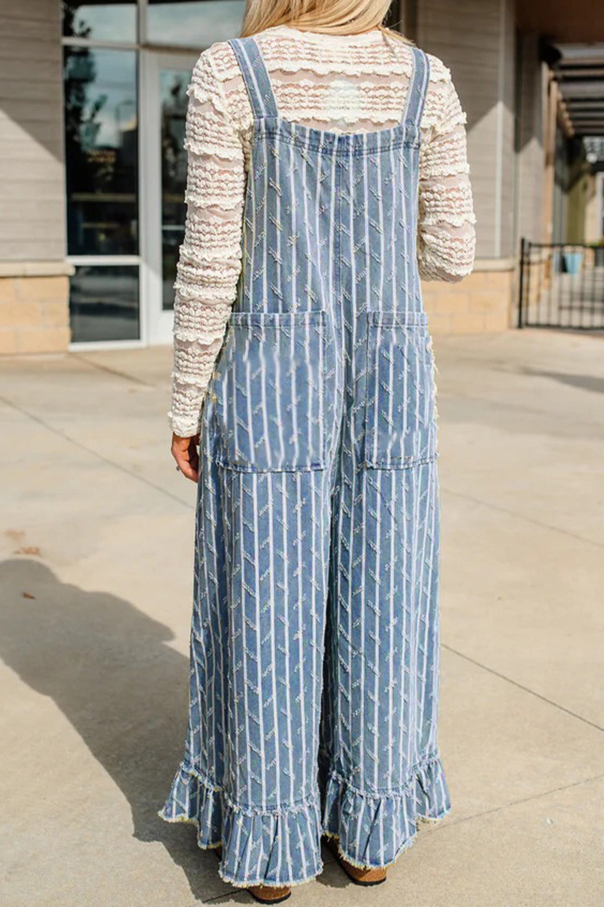 Myosotis striped distressed ruffled wide-leg denim overalls by Dear-Lover, featuring a casual fit with ruffle details and wide legs.