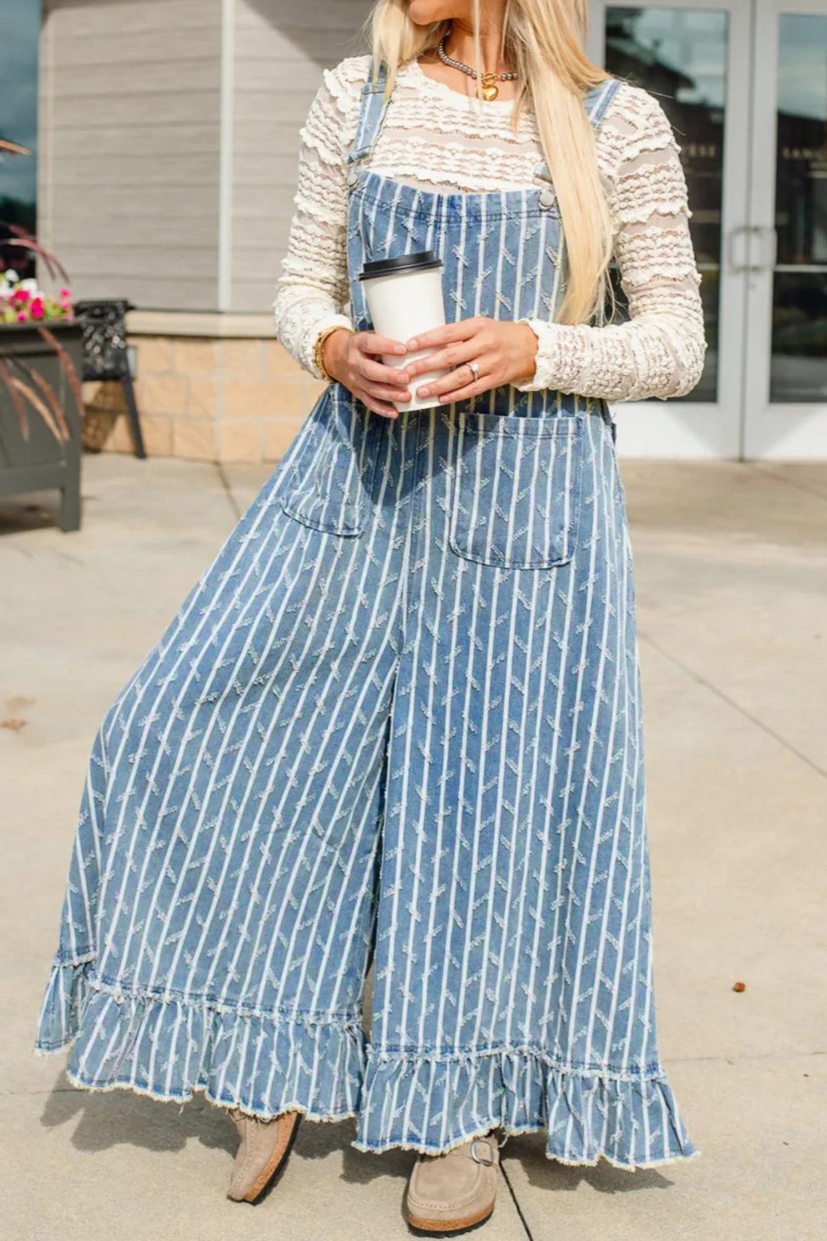 Myosotis striped distressed ruffled wide-leg denim overalls by Dear-Lover, featuring a relaxed fit and casual style.