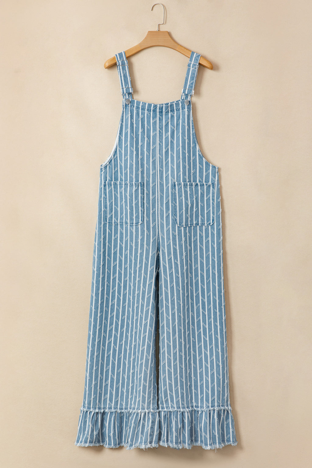 Myosotis striped distressed ruffled wide-leg denim overalls by Dear-Lover, featuring a casual, fashionable design with ruffle details.
