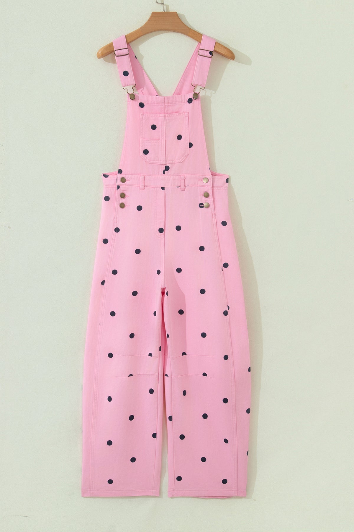 Polka dot print denim barrel overalls jumpsuit with bib pocket, from Dear-Lover Dropshipping, made of 100% cotton.