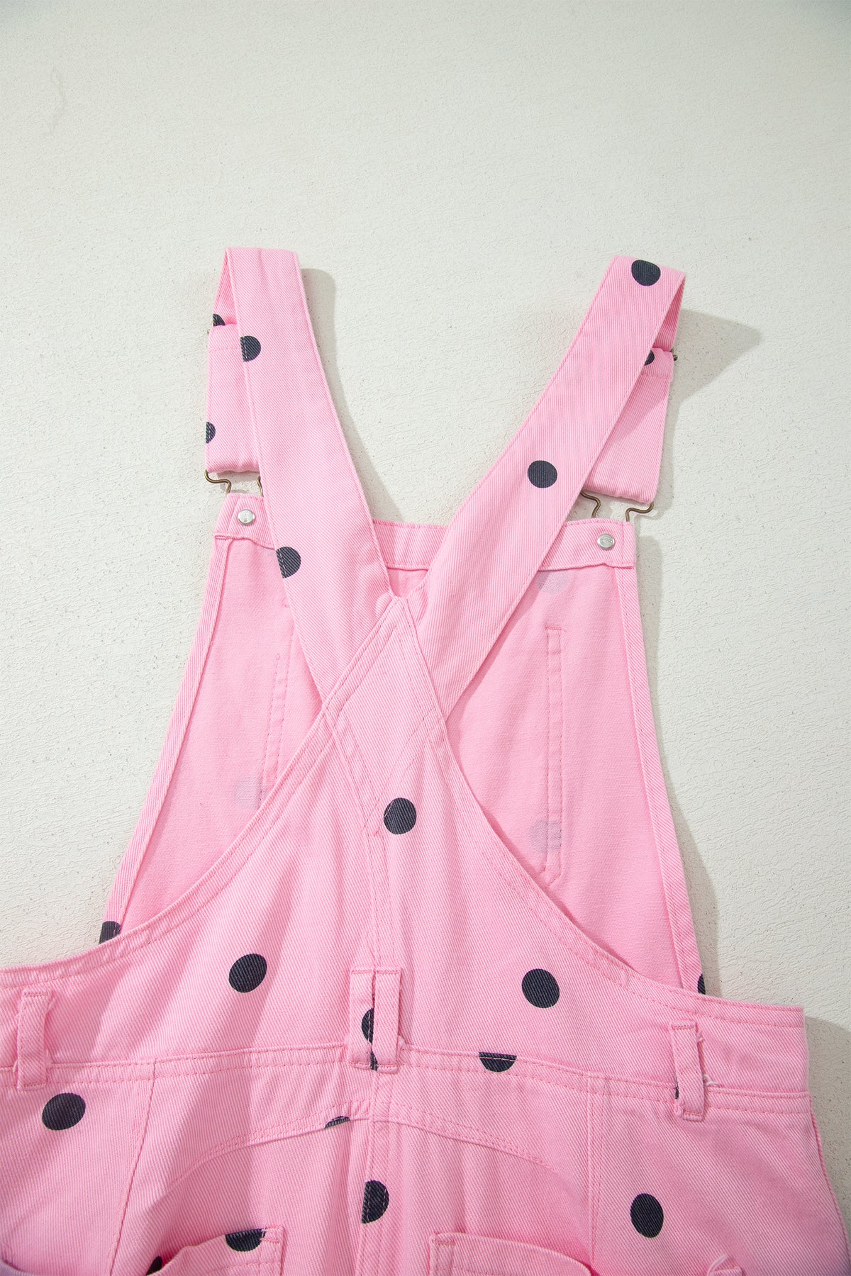 Dear-Lover denim barrel jumpsuit with polka dot print, bib pocket, and casual overalls design, made from 100% cotton.