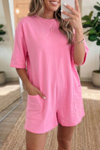 Pink solid color raw edge half sleeve romper with pockets, loose fit, made of cotton and polyester, from Dear-Lover.