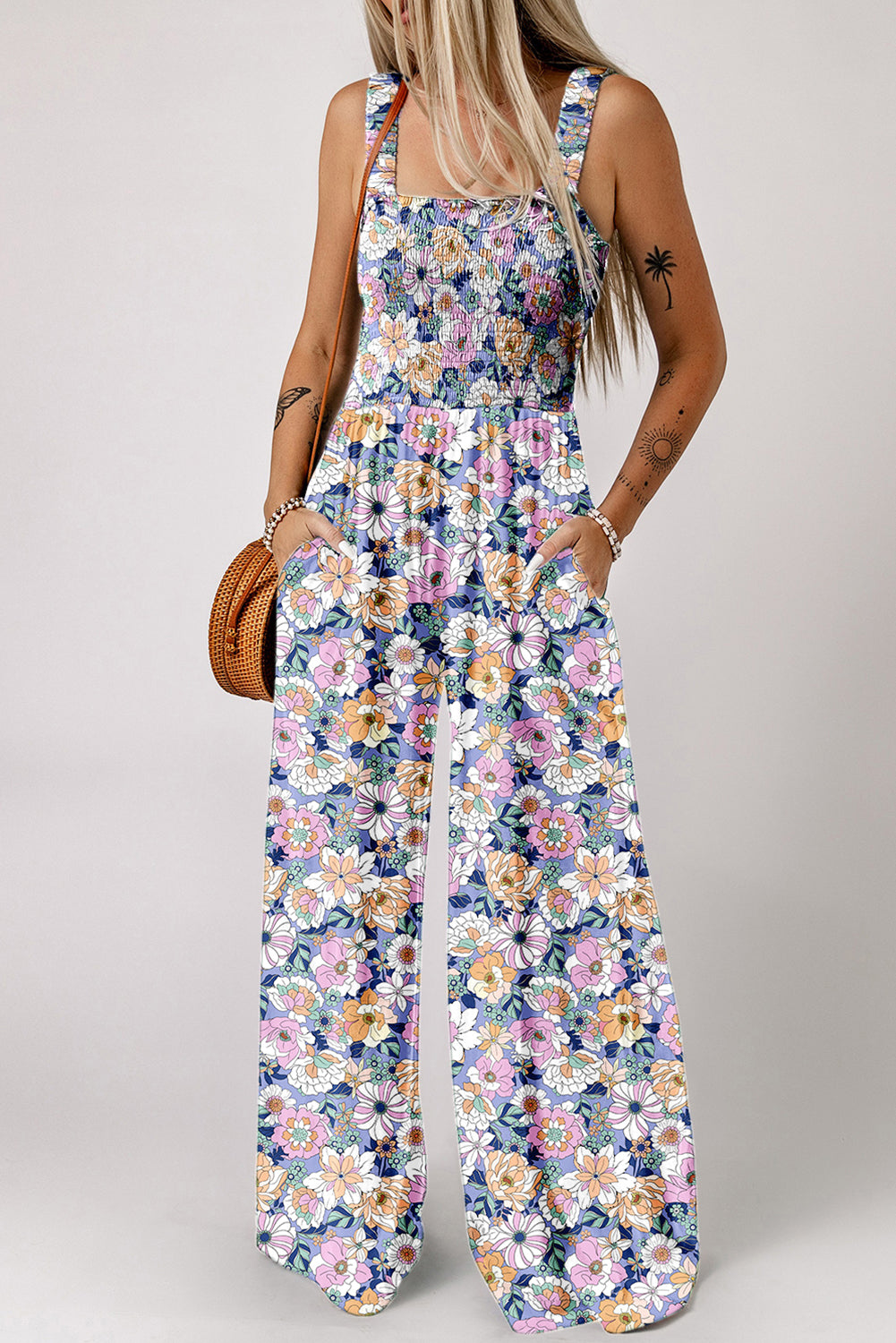 Purple floral print smocked high waist square neck jumpsuit by Dear-Lover, made of 100% viscose with a stylish fit.