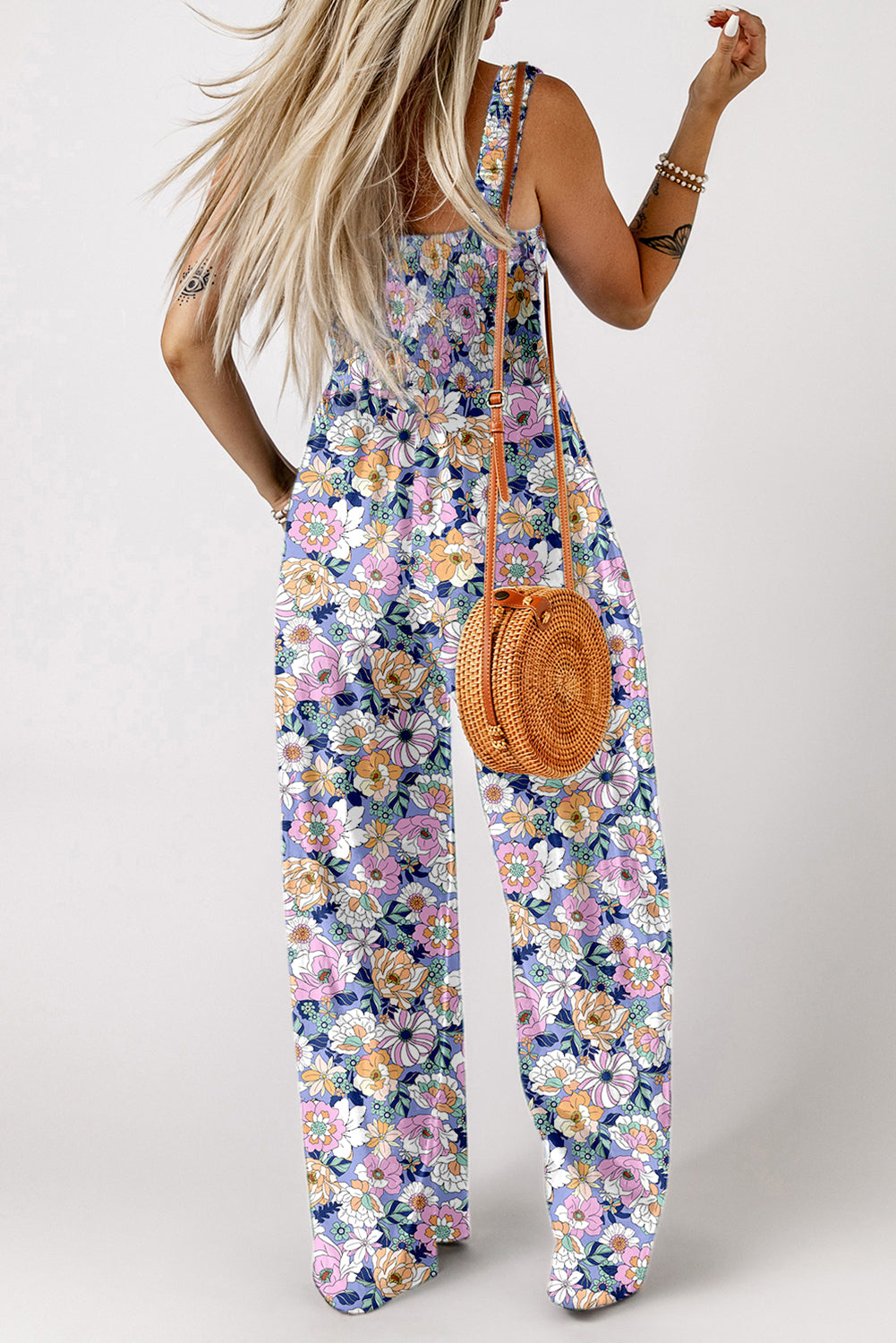 Purple floral print smocked high-waist square neck jumpsuit by Dear-Lover Dropshipping, made of 100% viscose, featuring a stylish fit.