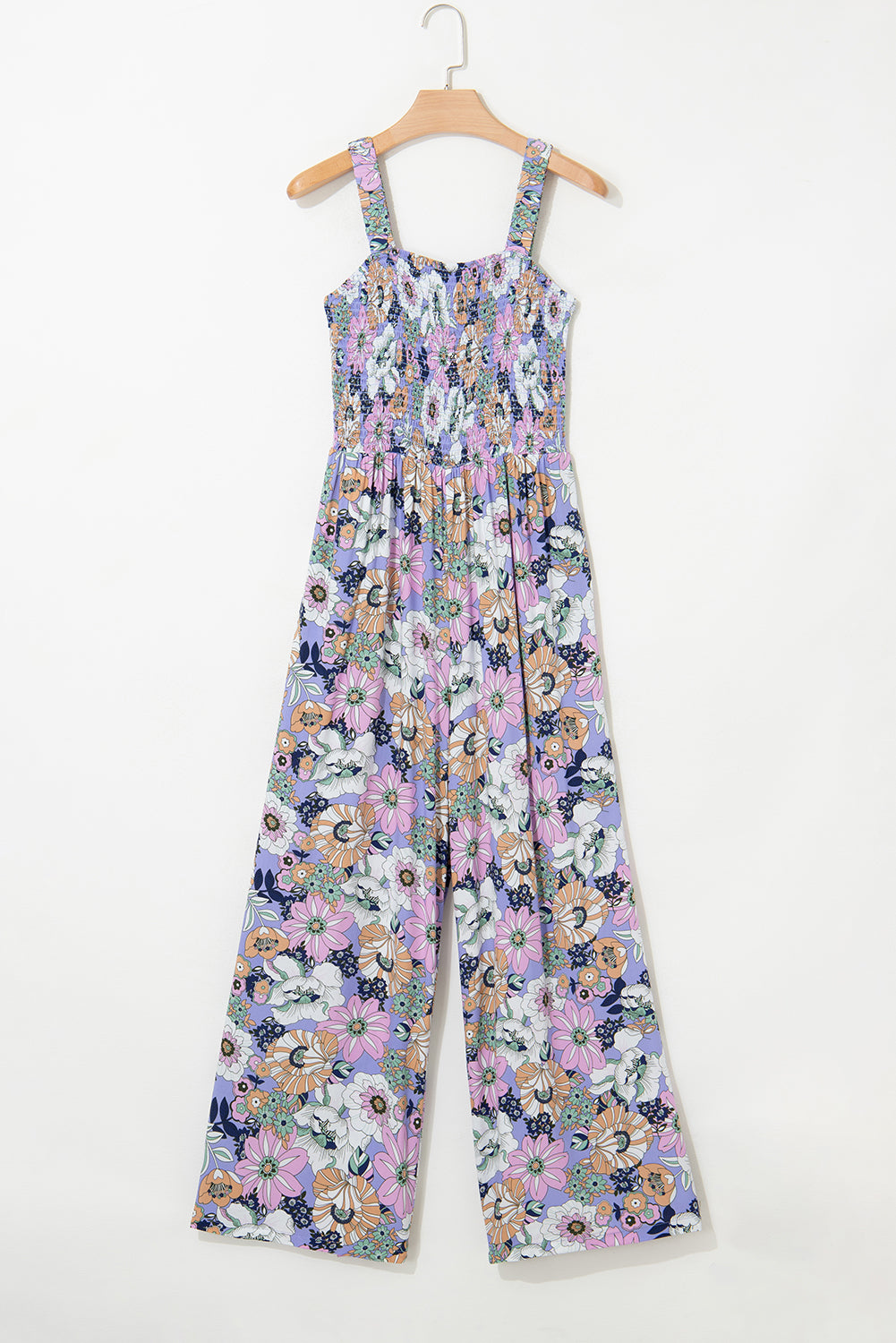 Purple floral print smocked high waist jumpsuit with square neck from Dear-Lover, featuring a stylish and comfortable design.