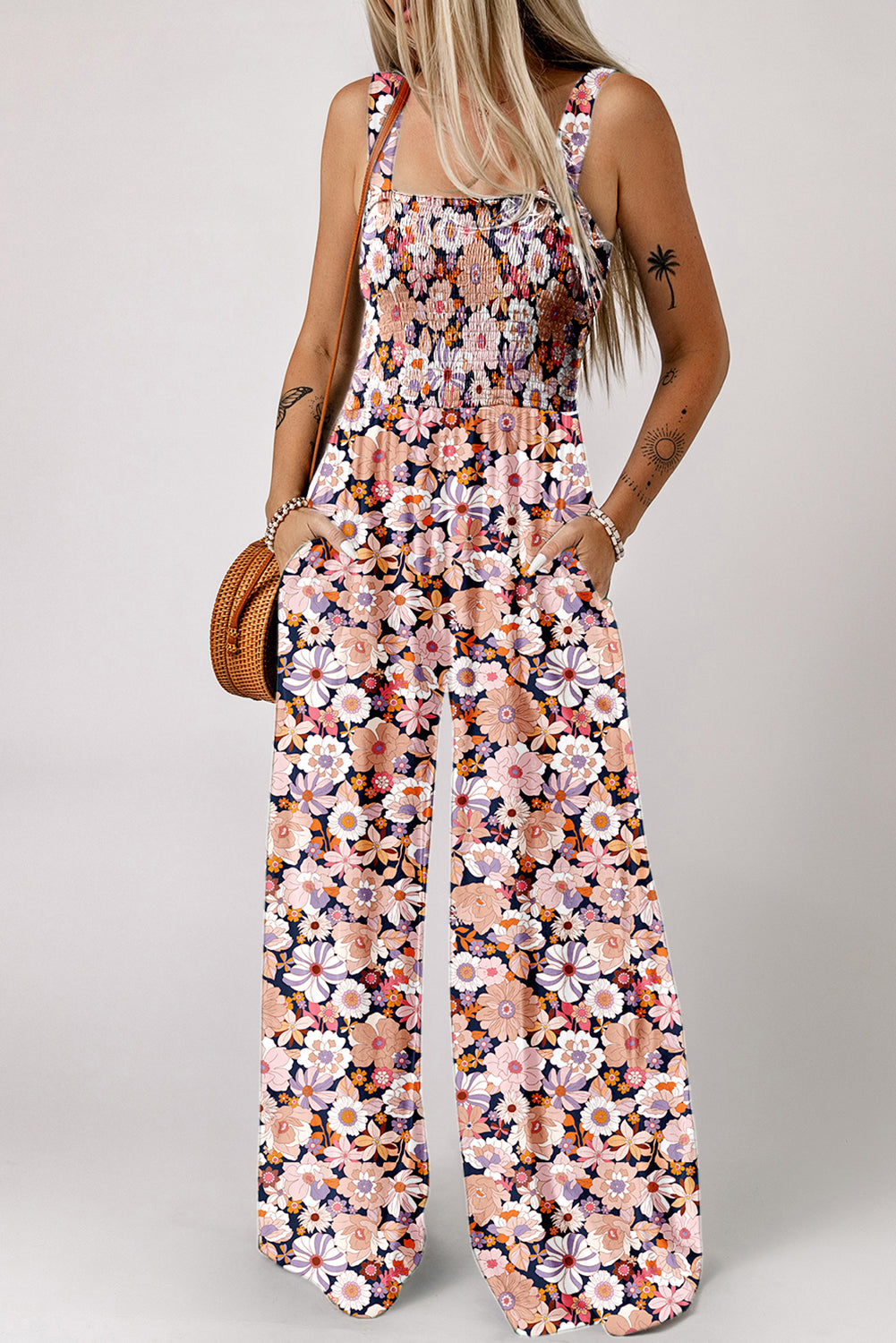 Purple floral print smocked high waist square neck jumpsuit by Dear-Lover, featuring a stylish design and comfortable fit.