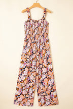 Purple floral print smocked high-waist square neck jumpsuit by Dear-Lover, featuring a stylish, comfortable design with wide-leg bottoms.
