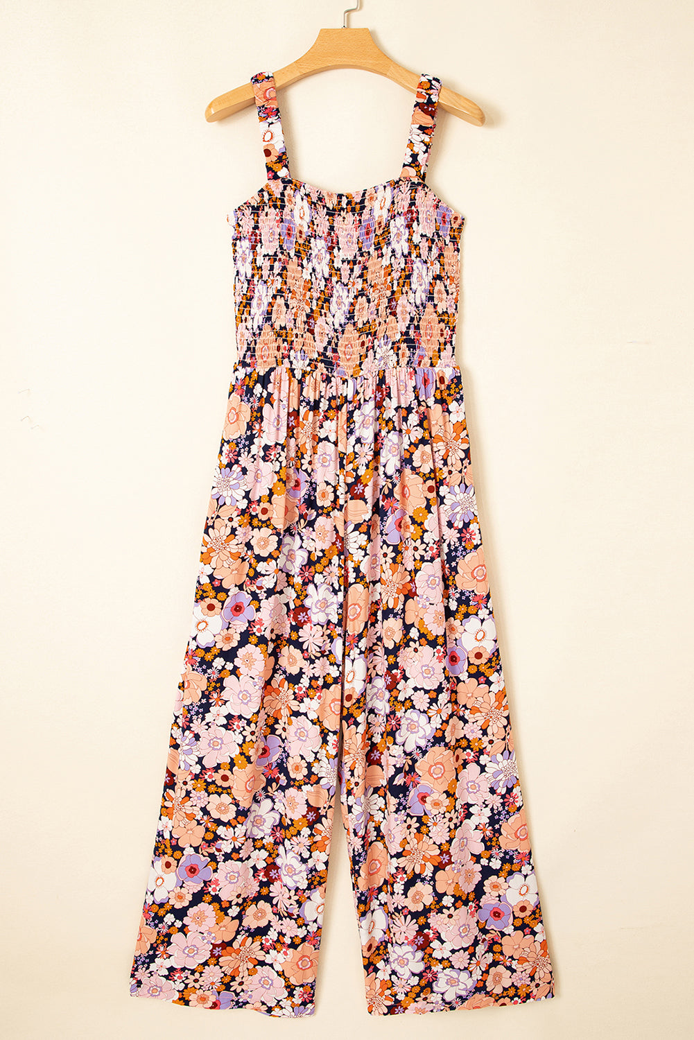 Purple floral print smocked high-waist square neck jumpsuit by Dear-Lover, featuring a stylish, comfortable design with wide-leg bottoms.