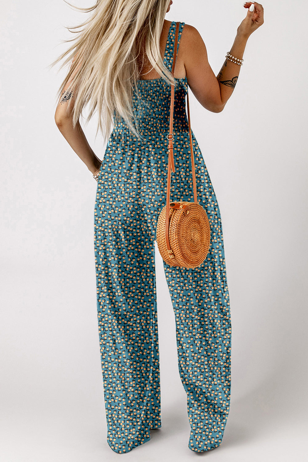 Purple floral print smocked high waist square neck jumpsuit from Dear-Lover, made of 100% viscose, featuring a stylish design.