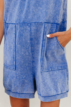 Sky blue mineral wash sleeveless romper with V neck, pocketed design, loose fit, made of 100% cotton by Dear-Lover.