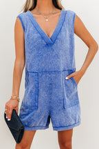 Sky blue mineral wash sleeveless romper with V-neck, pocketed design, loose fit, made from 100% cotton, by Dear-Lover.
